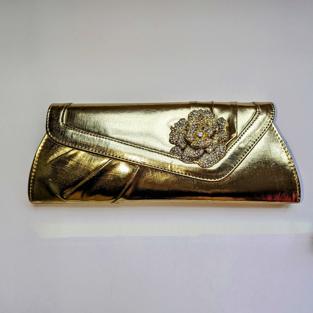 New brooch embellished gold party shoulder/clutch bag